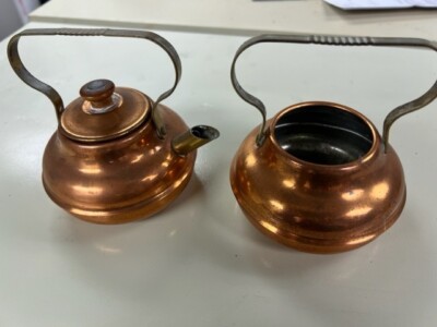Vintage Copper Brass Cream sugar teapots Spartan Minneapolis USA Small Farmhouse