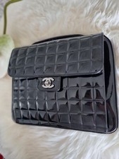 CHANEL Bag Briefcase  Rare Chocolate Bar  Black Patent Leather  Top Handle