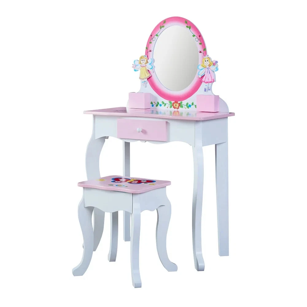 Girls Pink Vanity Table with Stool and Mirror Set Kids Make up