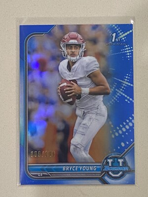 Bryce Young 1st 2021 Bowman University #4 BLUE Refractor /199 Jersey #