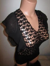 MODA INTERNATIONAL Open Knit Crochet Ruffle Sexy Sequin V-neck top tunic Shirt S