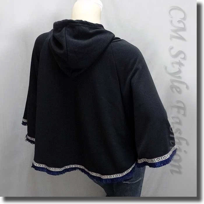 OFF WHITE Poncho Top in Pile con Cappuccio Pom Pom Frange Nero M~L