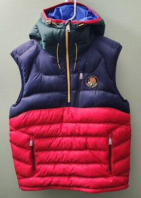 希少 90s POLO RalphLauren duck work vest Polo Ralph Laure Mens Navy Red Downhill Skier Hooded Down Vest