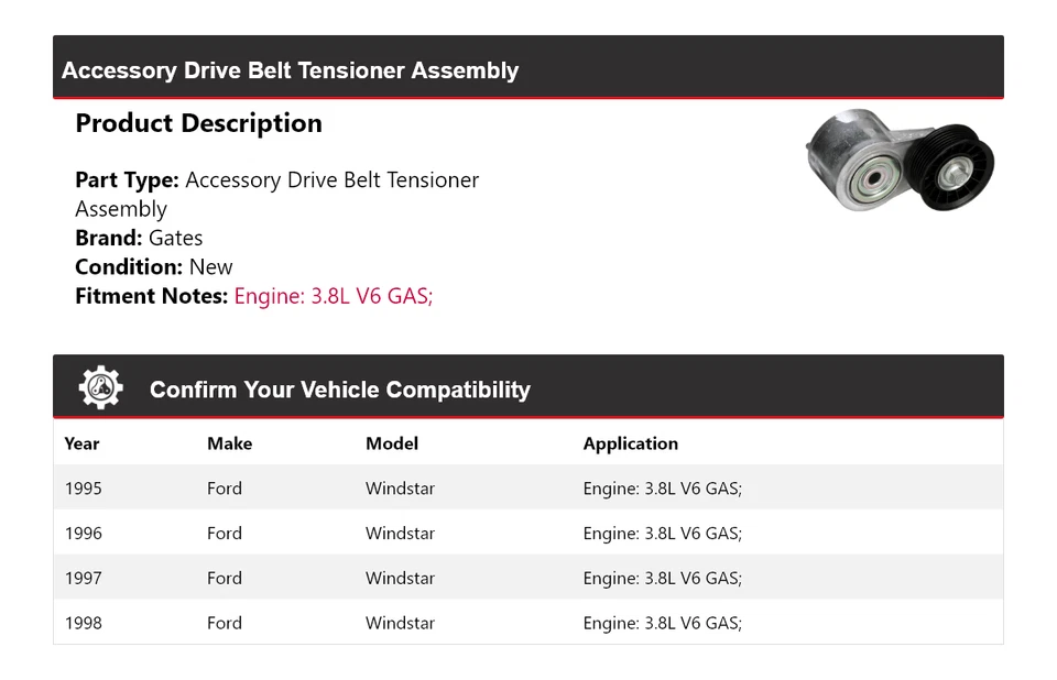 Para 1995-1998 Ford Windstar 3.8L V6 GAS correia de transmissão tensor montagem portões 1996 - Imagem 2 de 4