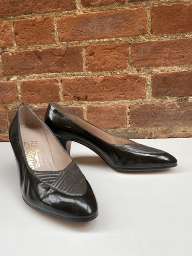 Vintage 70s Salvatore Ferragamo Dark Olive Green Brown Grey Court Shoes 4.5 / 5B - Picture 4 of 11