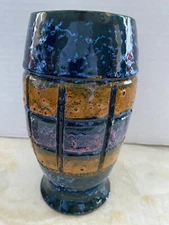 Sgraffito Rossini Italy Art Pottery Incised Jug Pitcher Vase Lava Glaze MCM Blue