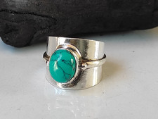 Natural Turquoise Ring, 925 Sterling Silver, Oval Cabochon Ring, Wide Band Ring 