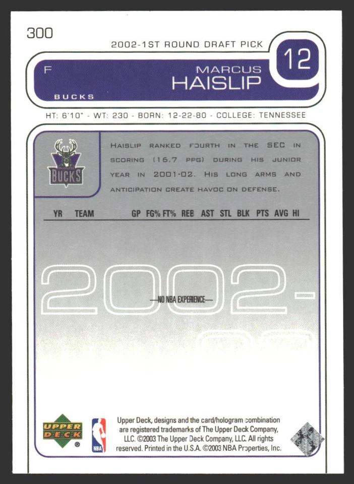 Marcus Haislip #300 2002-03 Upper Deck Milwaukee Bucks - Image 2 of 2