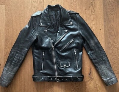 BLK DNM Black Leather Biker Jacket Men's M Zipper Button Buckle Notch Collar