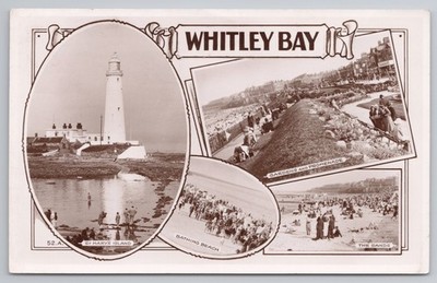 RPPC Whitley Bay Mehrfachansicht St Mary's Island Flitterwochen Nachricht Postkarte 1949