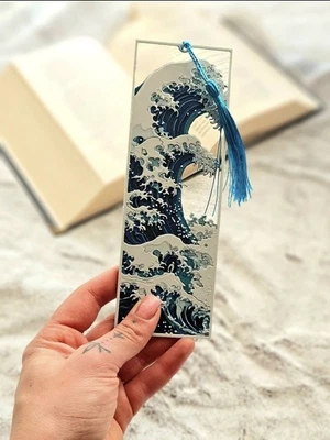 The Great Wave Bookmark Japanese Art-Inspired 3D Print Blue Tassel Hokusai Style