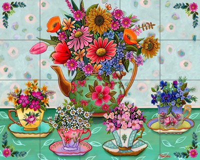 Ceramic Tile Mural Kitchen Backsplash - Garden Tea Party - Floral Flower Art