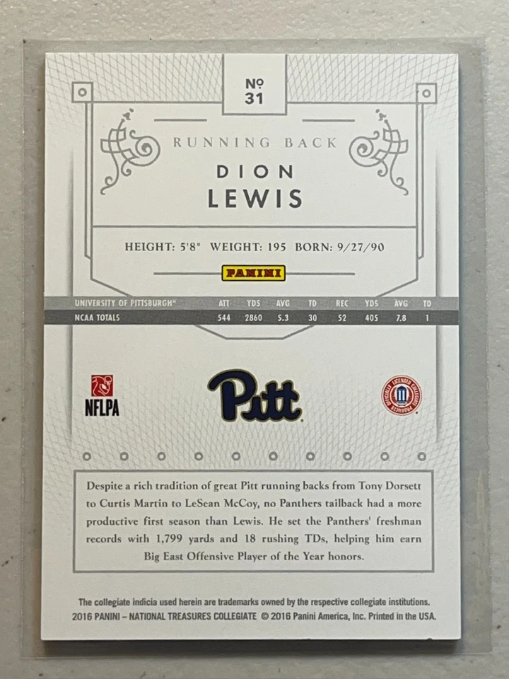 Dion Lewis 2016 Panini National Treasures Collegiate /10 Gold #31 Pitt Panthers - Image 2 of 2