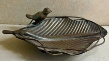 Metal Bird on Leaf Footed Trinket Dish