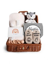 Baby Shower Gift Set for Newborn Boy Girl Neutral Baby Basket Blanket Rattle Bib