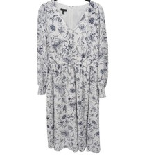 Talbots Dress Floral Paisley Womens 4 White Navy Blue V-Neck Midi Long Sleeve