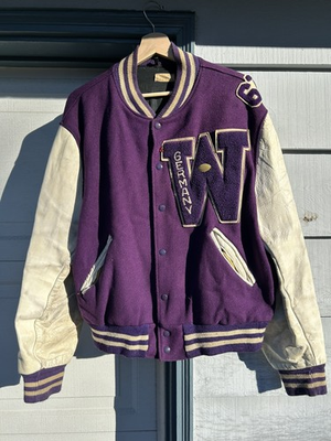 #ad #ad Wurzburg Germany High school Vintage 60s letterman jacket 1967 purple and white $79.00