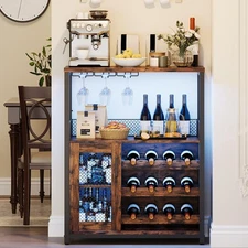 Wine Bar Cabinet with LED Light & Glass Holder, 36" Tall Wine Bar Rack Cabinet