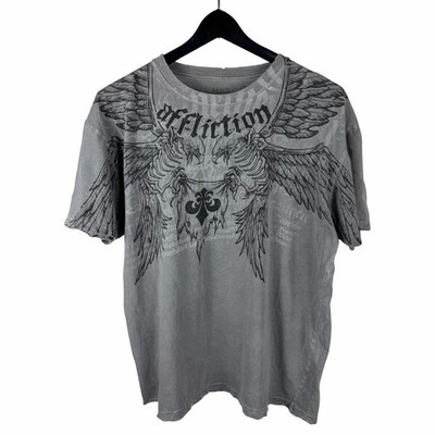 Mens Y2K Affliction Eagle Skull Wing Grunge Punk Grey Graphic Shirt Size L