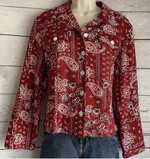 Coldwater Creek Jacket Top Women M Petite Paisley Bandana Red Long Slv USA Made
