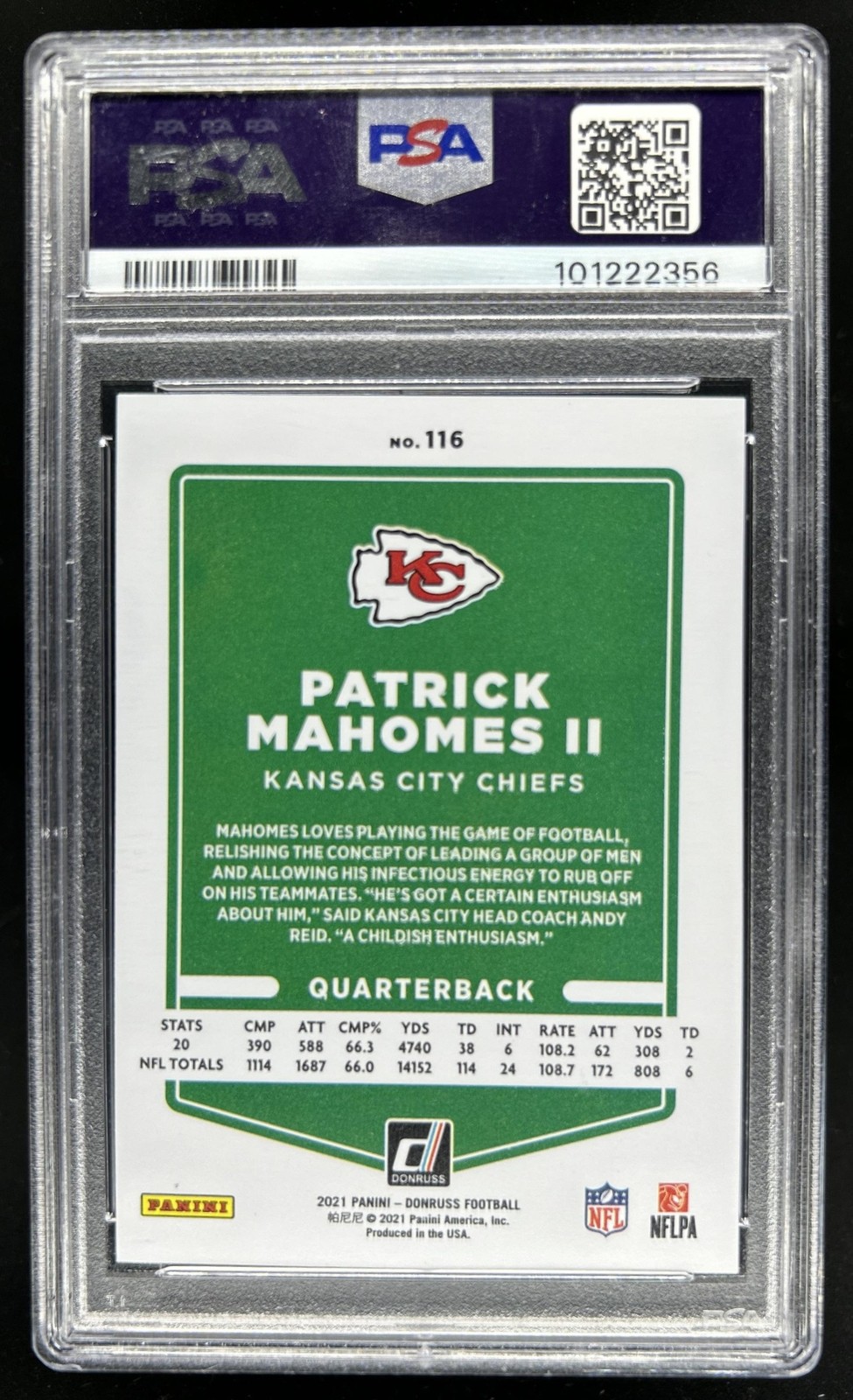 2021 Panini Donruss Patrick Mahomes II Press Proof Premium #116b Chiefs PSA 10 view 2