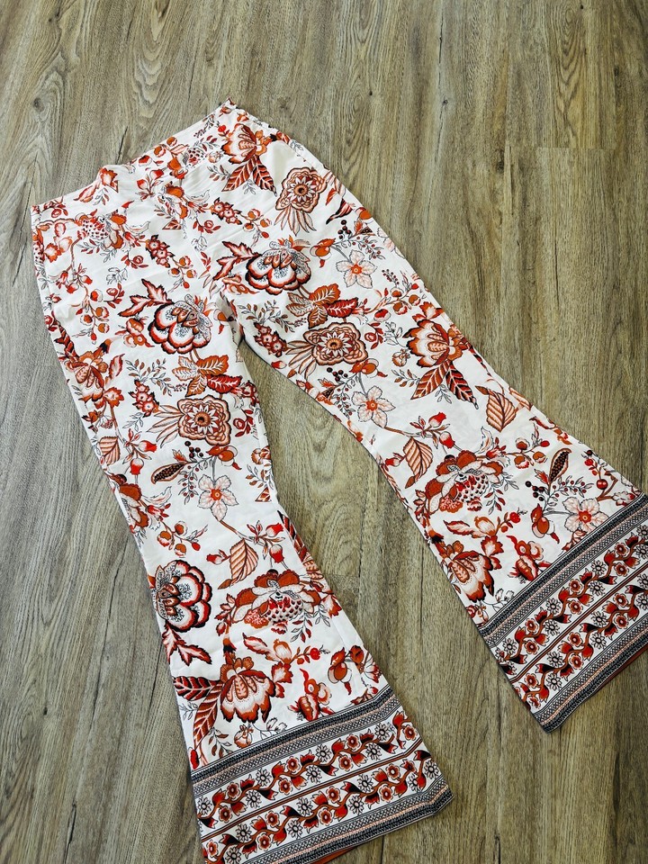 Valleygirl White Orange Floral Boho Flare Pants Size 14