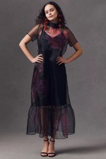 Anthropologie BHLDN Carina Short-Sleeve High-Neck Organza Midi Dress SZ Medium