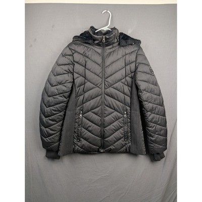 Nautica Womens Black Quilted Puffer Jacket Detachable Hood Large 3789