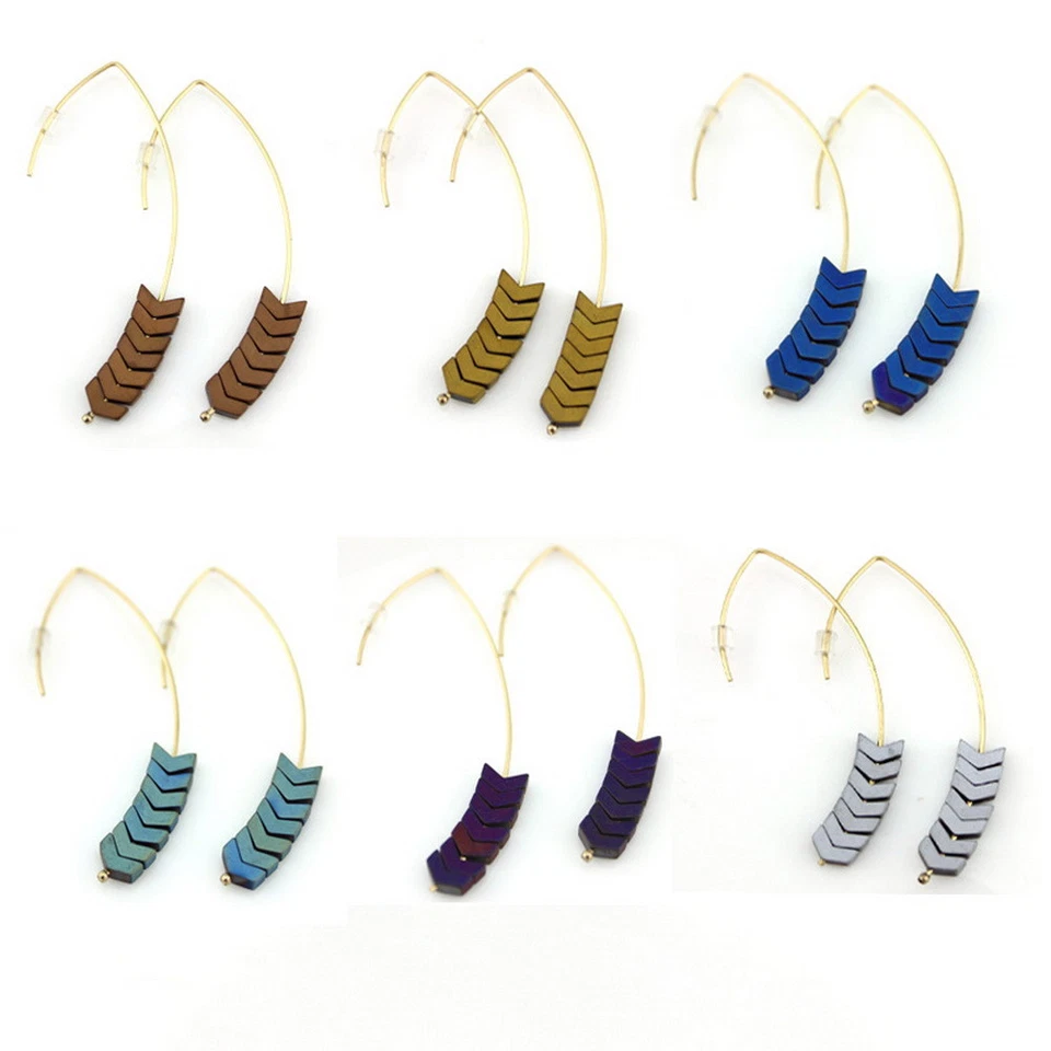 Chevron Hematite Stone Threader Hang Earrings Women Handmade Arrowhead Earrings - Image 4 of 4