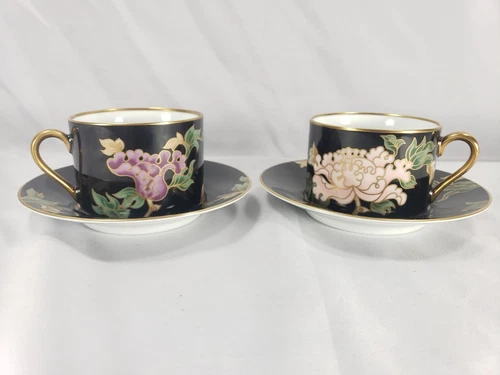 PAIR OF FITZ & FLOYD CLOISONNE PEONY CUP AND SAUCER SETS IN SUPERB COND 5 AVAIL