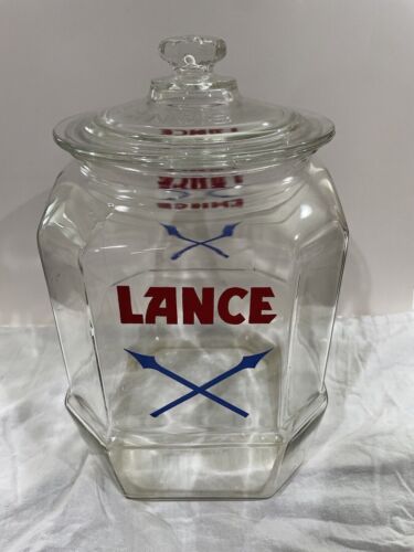 1930's Vintage Lance Cracker Cookie Jar Store Jar 8 sided w/Glass Embossed Lid