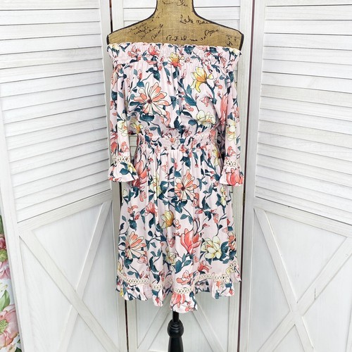 Lulus Dress Womens Small Blush Pink Hello Darling Floral Off The Shoulder Ruffle