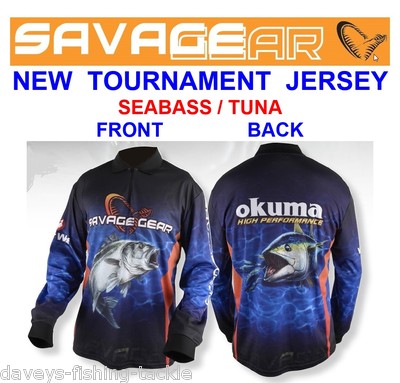 SAVAGE GEAR BLAU TURNIER TRIKOT SEABASS THUNFISCH OKUMA LOGO MEER BOOT RUTE ANGELN