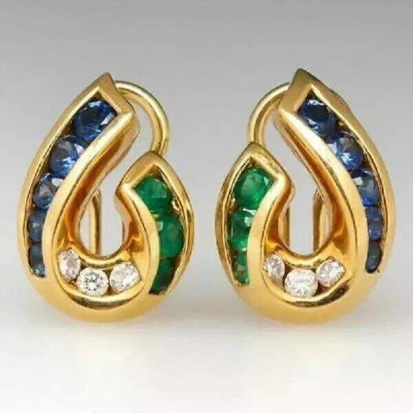 14K Yellow Gold Plated 2Ct Round Lab Created Blue Sapphire Women's Hoop Earrings - Image 4 of 4