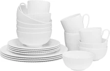 Bone China Dinnerware, 20PC Set, Service for 4, White Embossed, Stripe, Microwav