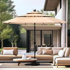 PHI VILLA 10ft Patio Umbrellas, Outdoor 3 Tier Vented Large Market Beige No Base