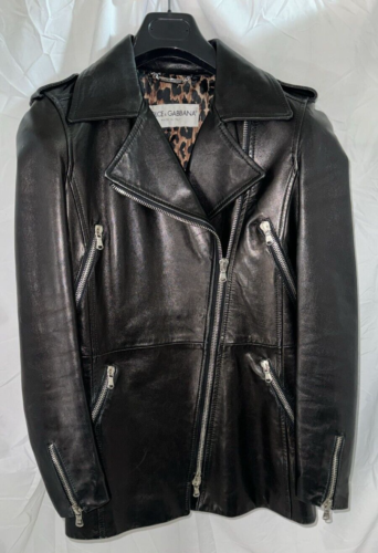 Size S/M ❤️ Dolce & Gabbana Women's Black Leather Biker Moto Riding Jacket ITALY - Picture 1 of 16