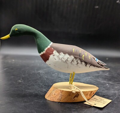 VTG Carved Wood Wooden Duck Mallard Figurine Tremblay Quebec Folk Art 7''