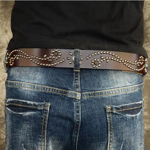 Real Leather Waist Belt Heavy Metal Stone Rivet Studded Unisex Punk Waistband - Picture 13 of 28