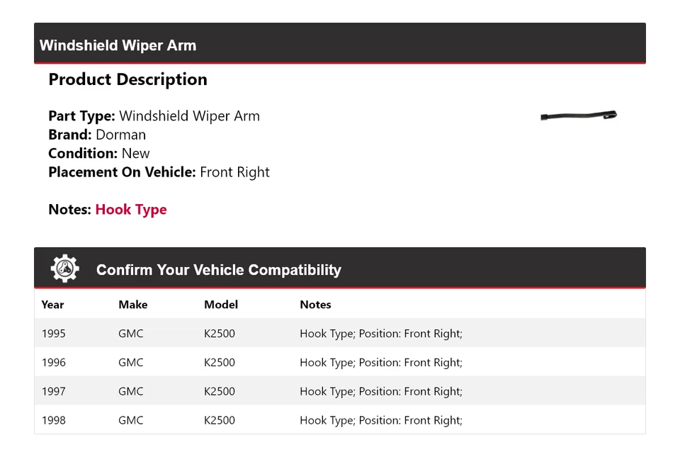 Brazo limpiaparabrisas delantero derecho GMC K2500 1995-1998 Dorman 1996 1997 Foto 2 de 3