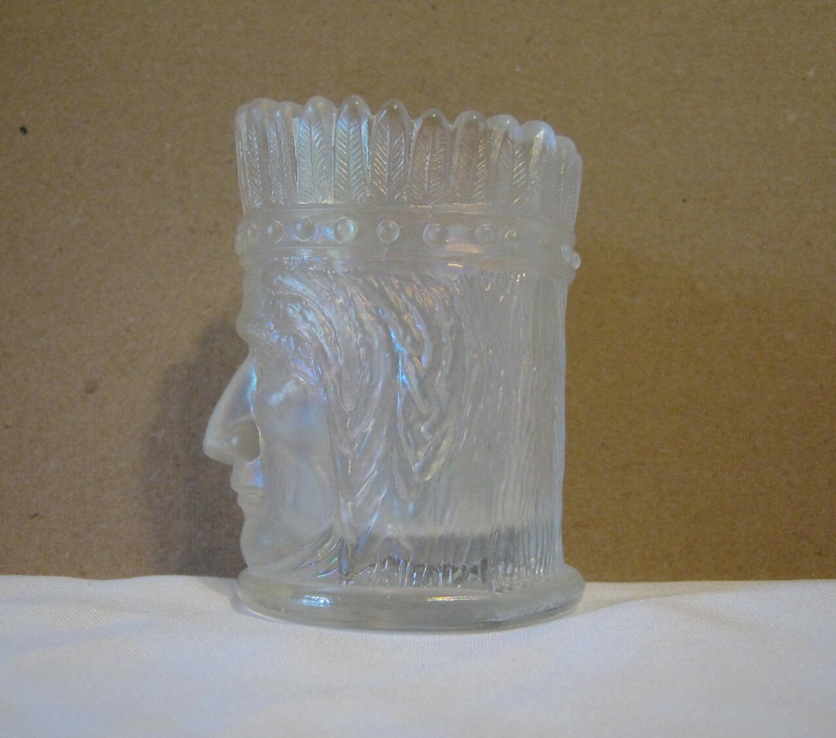 Joe St Clair Glass Indian Head Iridescent White Carnival