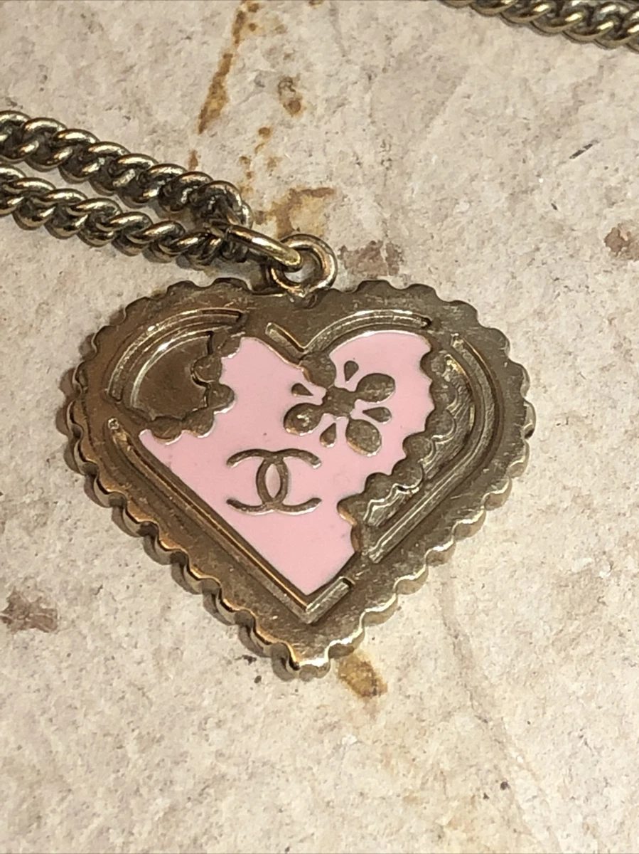 Chanel CC Gold tone Pink Enamel Heart Pendant Necklace 23 1/2 As Is