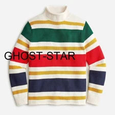 J.CREW roll neck sweater stripe white red green navy blue cotton chunky rollneck
