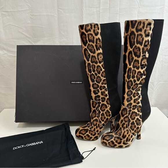 Dolce Gabbana Leopard Pony Hair Knee Length High Heeled Boots