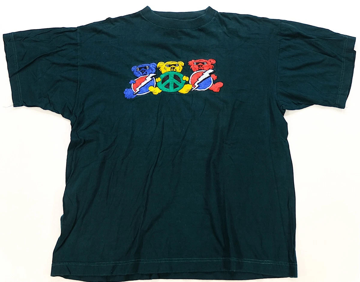 Rare VTG DOUBLE APPLE Embroidered Grateful Dead Bears T Shirt 90s Green Size 44