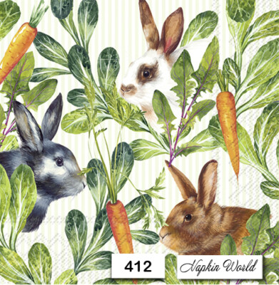 (412) TWO Individual Paper LUNCHEON Decoupage Napkins - RABBITS BUNNIES CARROTS