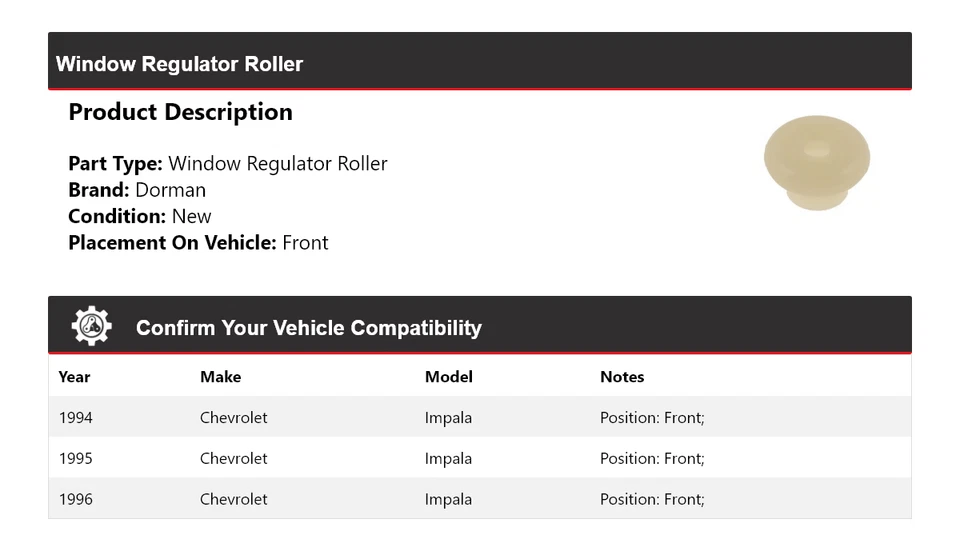 Rodillo regulador ventana delantero 1995 para Chevrolet Impala Dorman 1994-1996 Foto 2 de 4