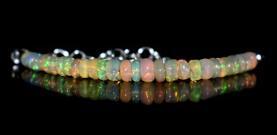 Solid 925 Sterling Silver Natural Ethiopian Opal Gemstone Beads 7''Bracelet F1924