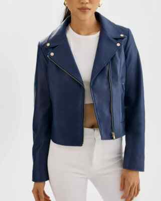 Women's Fashionable Biker Real Lambskin Leather Casual Handmade Blue Jacket Fit