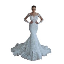 IS-NWT US10 Luxury Ball Gown Wedding Dresses Sheer Neck Long Sleeves